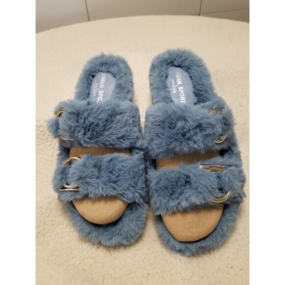 J/SLIDES Shoes - J/Slides Urban Sport Womens Slippers BABEE Blue Faux Fur Slide Size 8 M